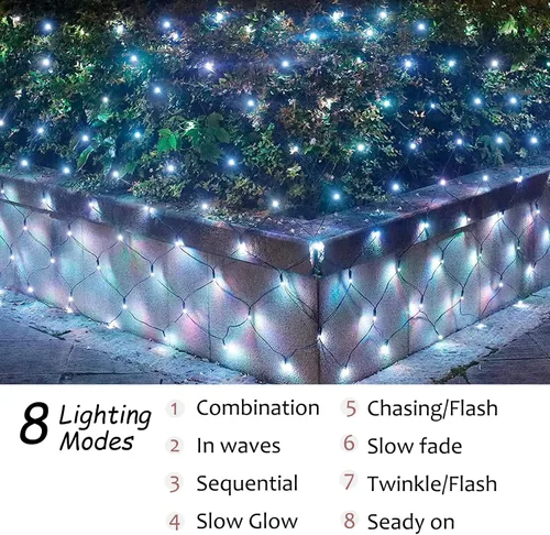 Vista 3 de Luces solares de red para exteriores, 360 luces LED USB de malla blanca fría para arbustos impermeables, 21 pies x 5 pies, 8 modos luces de cadena