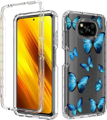 Vista 6 de Funda para Poco X3 NFC/Poco X3 Pro/Poco X3 con protector de pantalla de vidrio templado, patrón de mariposa transparente de cuerpo completo, funda