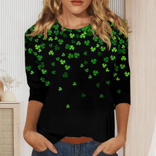 Vista 30 de Camisetas personalizadas para mujer, a la moda, casual, de séptima manga, estampada, cuello redondo, camiseta