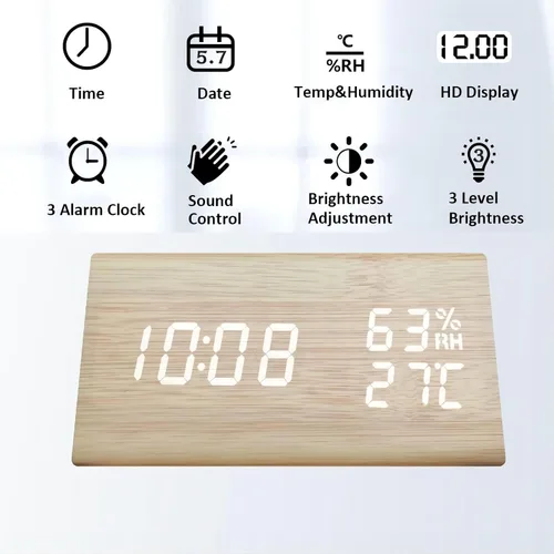 Vista 2 de Reloj despertador digital, LED electrónico de madera, pantalla de fecha de hora, detección de temperatura y humedad, 3 ajustes de alarma, brillo
