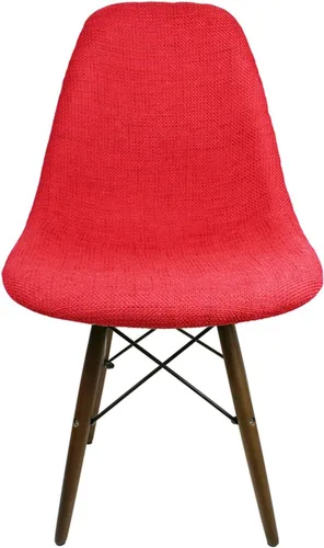 Vista 4 de Mid-Century - Silla de comedor lateral tapizada de tela tejida moderna con patas Eiffel de madera de nogal oscuro, juego de 2 (rojo)