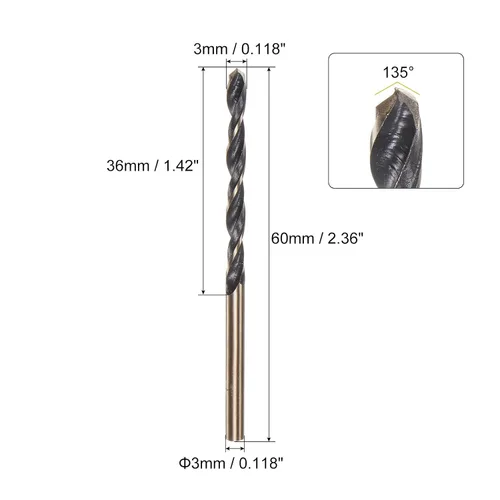 Vista 2 de uxcell Brocas Jobber de 0.118 in (0,118 pulgadas) de nitruro negro y oro recubierto de titanio M2 de alta velocidad (HSS) Brocas helicoidales