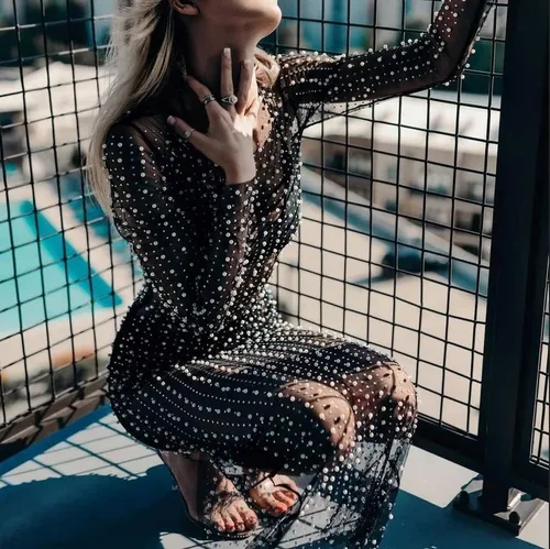 Vista 4 de Willow Dance Vestido de playa de malla transparente con diamantes de imitación y perlas para mujer, traje de baño