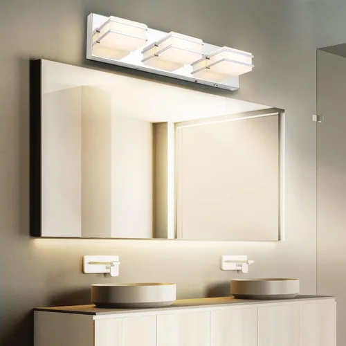 Vista 8 de 3 lámparas de baño regulables de temperatura de color para sobre espejo, lámparas de tocador LED cromadas de 3 luces, lámparas de tocador de baño