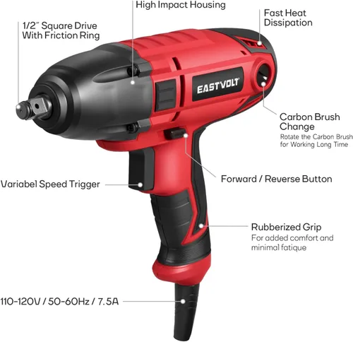Vista 2 de Eastvolt Llave de impacto eléctrica de 800W, de servicio pesado 7,5 amperios con cable, torque máximo 450 pies-libras 3400 RPM, 1/2 pulgada