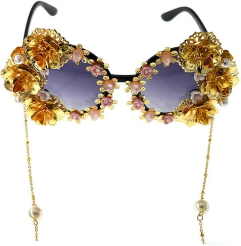 Vista 2 de Colygamala Gafas de sol barrocas de lujo con diseño de flores de metal para mujer, con estuche