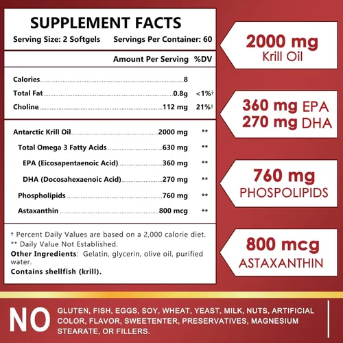 Vista 6 de NATURE TARGET Aceite de krill 2000 mg con Omega-3 y Astaxantina, 120 cápsulas blandas Omega 3 EPA and DHA with Choline, Helps Support Heart