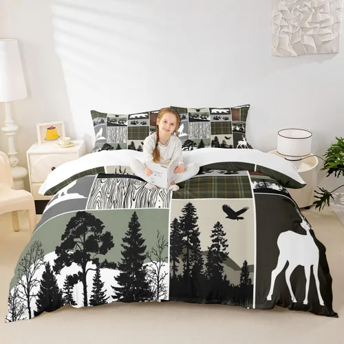 Vista 30 de Juego de funda de edredón para niños de ciervo, oso, lobo, tamaño individual, juego de ropa de cama de cabaña de aventura para niños, niñas