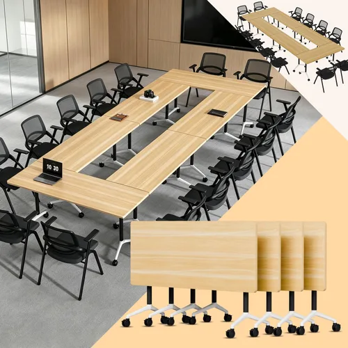 Vista 20 de Paquete de 4 mesas de conferencias plegables, mesa de entrenamiento móvil Walnut 1