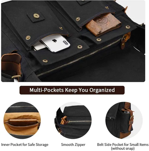 Vista 5 de Kattee Military Messenger Bag Canvas Leather Shoulder Bag Fits 14.715.6 Inch Laptop