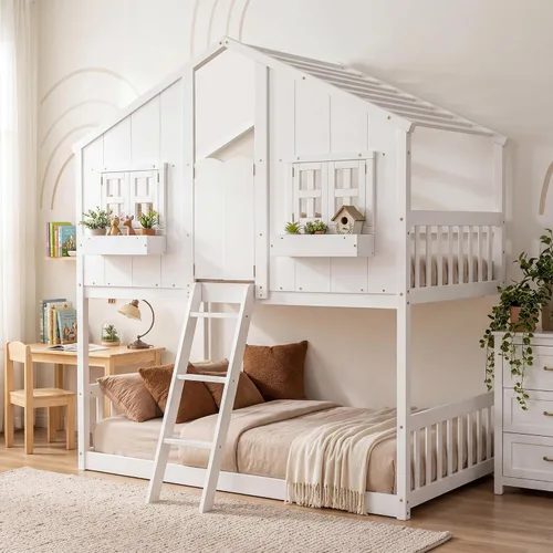 Vista 4 de VECELO Full Over Full House Bunk Bed with Safety Rail, Ladder, Windows & Doors, Solid Wood Playhouse Bunk Bed, No Box Spring Needed, White
