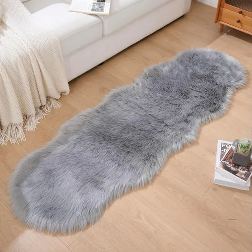 Vista 32 de Alfombra de piel sintética de 2 x 6 pies, color beige, lavable a máquina, súper suave, esponjosa, alfombra de piel de oveja mullida para dormitorio