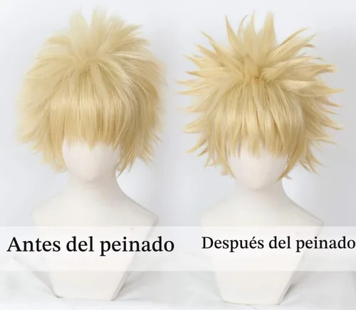 Vista 2 de Linfairy Peluca de cosplay de anime, cabello rubio corto, disfraz de Halloween, peluca completa