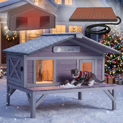 Vista 9 de Aivituvin Casa climatizada para gatos con forro aislado completo, refugio para gatos con puertas de escape, condominio resistente a la intemperie