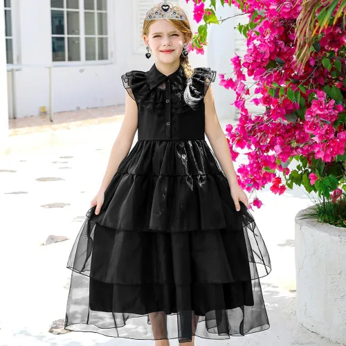 Vista 3 de Disfraz de Miércoles para Niñas Accesorios de Disfraz para Niñas Miércoles Guantes Tiara Corona Collar Varita Aretes Pulsera Anillo Niños Halloween