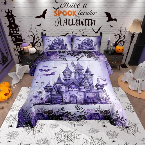 Vista 16 de Castle Fairy Happy Halloween - Juego de edredón para niños, tamaño Queen, juego de ropa de cama con diseño de fantasmas de dibujos animados rosa