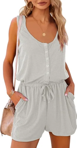 Vista 2 de Mafulus Overol de verano para mujer, con cuello redondo, sin mangas, con botones, cintura elástica, pantalones cortos con bolsillos