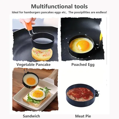 Vista 4 de (Negro) Anillo para huevos antiadherente de 3 pulgadas con mango de silicona, molde para huevos para sándwiches de desayuno. Molde redondo