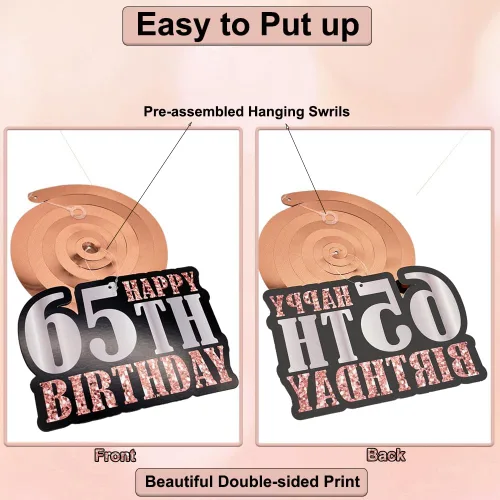 Vista 6 de WOJOGO Decoraciones de cumpleaños número 65 para mujer, kit de decoración de cumpleaños número 65 de oro rosa con pancarta, decoración de pastel