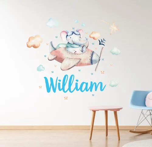 Vista 6 de Calcomanías de pared personalizadas con nombre de avión de elefante, para dormitorio de niños, calcomanías de pared de nubes de selva de aviones