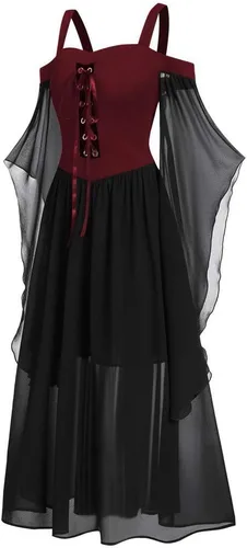 Vista 4 de SHOPESSA Disfraz medieval para mujer, con corsé, ropa gótica, hombros descubiertos, vestido de corsé steampunk, manga mariposa, vestido largo, marino