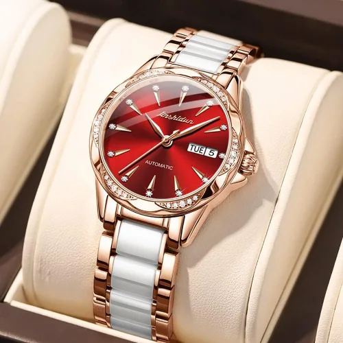 Vista 3 de Reloj automático de cerámica de acero inoxidable para mujer reloj mecánico de 984ft impermeable oro rosa elegante para mujer esfera de concha