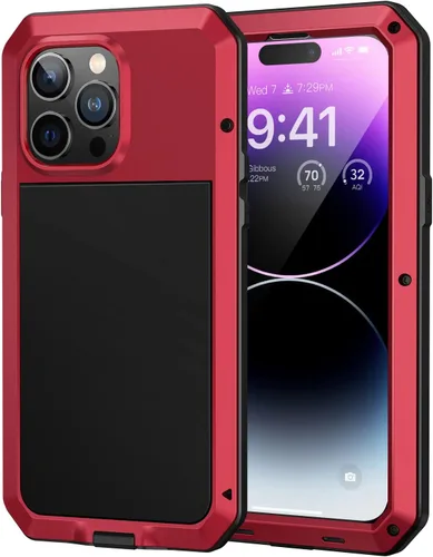 Vista 11 de Lanhiem Funda de metal para iPhone 14, resistente a los golpes, con protector de pantalla de vidrio integrado, 360º cuerpo completo a prueba de Negro