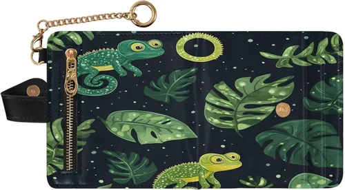 Vista 2 de Qilmy Green Chameleons Compact Women's Wallet - RFID Blocking Bifold Card Case PU Leather Slim Travel Wallet with Zipper Coin Pocket, ID Window &