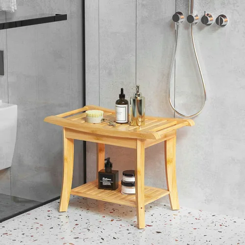 Vista 2 de Banco de ducha de bambú en el interior del taburete de ducha con estante de almacenamiento de espacio eficiente, sillas de baño de ducha, asientos