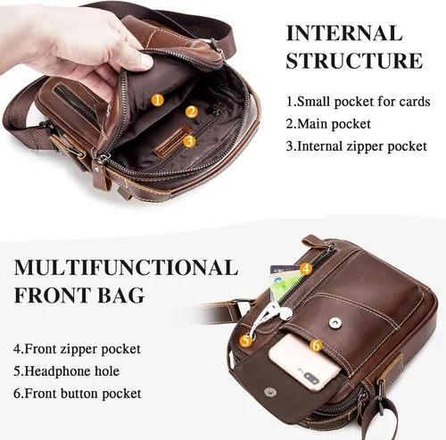 Vista 3 de BAIGIO Bolso bandolera de cuero pequeño para hombre bolso bandolera para viajes negocios trabajo