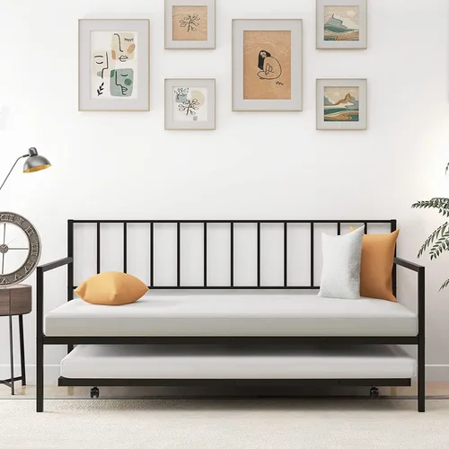 Vista 6 de Majnesvon Sofá cama de metal con nido, marco de cama de día de tamaño individual con nido extraíble, cama resistente para sala de estar, dormitorio
