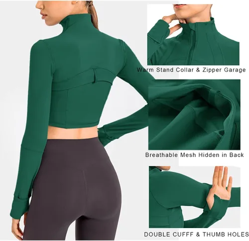 Vista 3 de KTILG Chaquetas cortas de manga larga para mujer, con cremallera, ligeras, atléticas, yoga, correr, con agujeros para el pulgar