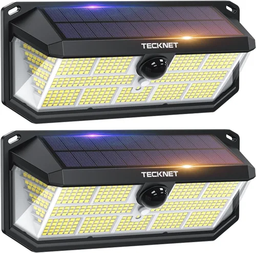 Vista 8 de TECKNET 495 luces LED solares para exteriores, impermeables, IP66, gran angular de 300° y 3 modos de iluminación, sensor de movimiento, luces