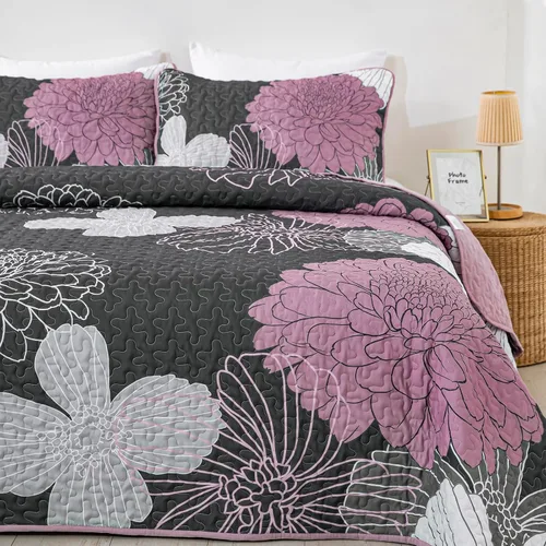 Vista 7 de Anibedding Juego de edredón floral gris y rosa, tamaño Queen, 3 piezas Gris/Rosa