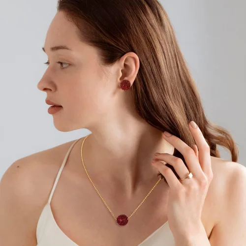 Vista 4 de FAMARINE Juego de collar y aretes de circonita cúbica roja, chapado en oro de 14 quilates, juego de joyería para mujer, Cobre, Ágata
