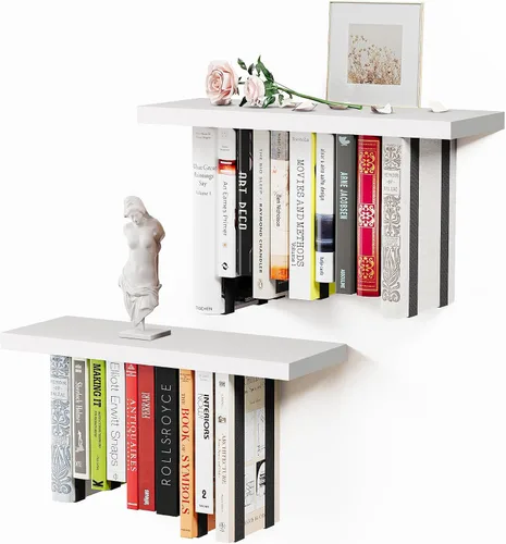 Vista 9 de Estantería flotante para pared, estantería colgante de madera rústica, estante de libros boca abajo y estantes montados en la pared para decoración