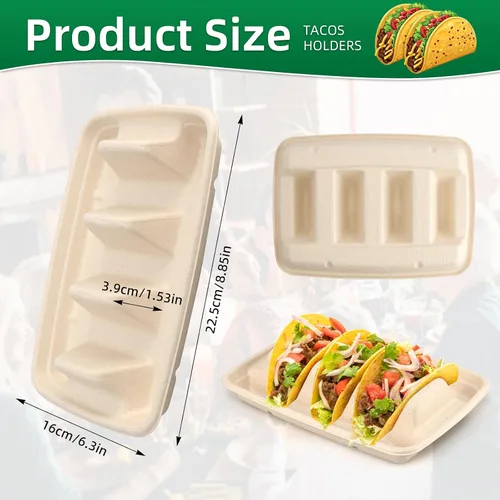 Vista 7 de 25 soportes desechables para tacos para fiestas, platos de taco de fibra de pulpa de bagazo con 3 divisores para reunión, soporte para bandeja