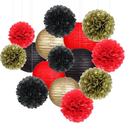 Vista 14 de Linternas de papel pompones de papel negro y dorado para decoración Negro/dorado