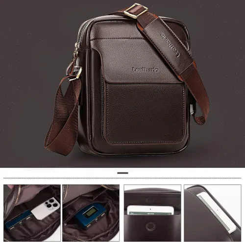 Vista 3 de Leathario Bolso bandolera para hombre, de cuero vegano, bolso de mensajero para el trabajo, negocios, viajes