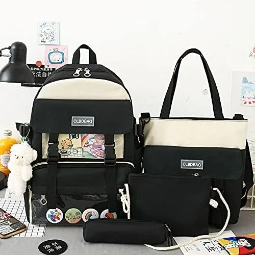 Vista 2 de Linda mochila kawaii, 4 piezas, mochila de lona, regalo con colgante de oso, bolsa de lápiz, bolsa de hombro, bolsa de almuerzo para niñas y niños