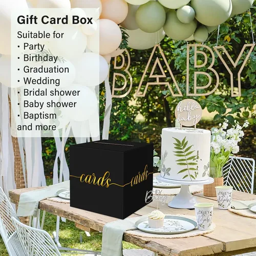 Vista 6 de 1 Paquete Caja de Tarjetas Negra y Dorada para Fiesta, Caja de Tarjetas de Regalo Negra de 8.7" para Cumpleaños, Boda, Baby Shower, Jubilación