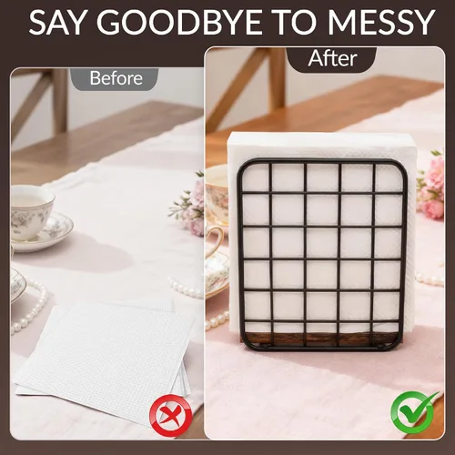 Vista 3 de Servilletero para Mesa, Porta Servilletas de Madera de Granja con Base Marrón Rústica, Dispensador de Servilletas de Pie para Encimera de Cocina