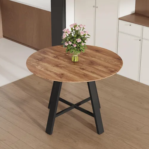 Vista 3 de Mesas redondas de 42 pulgadas, modernas mesas de comedor redondas con mesa de madera y patas de acero inoxidable, mesa circular tapizada para Marrón