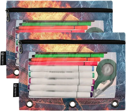 Vista 2 de Binder Pouches Baseball Fire Pencil Pouch for 3 Ring Binder 2 Pack Clear Pencil Bag with Zipper for Office School Supplies