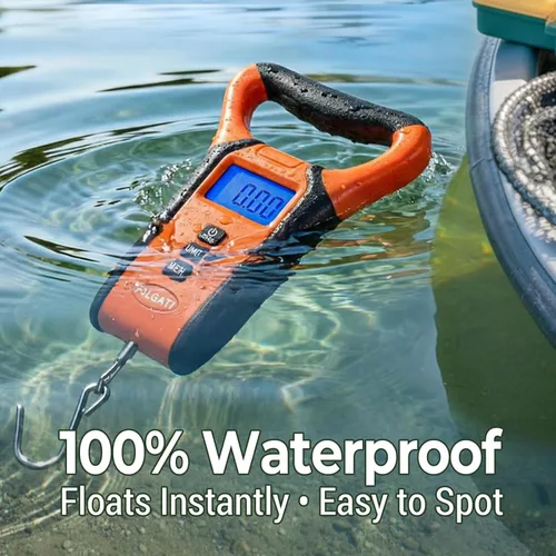 Vista 2 de Báscula de pescado digital impermeable flotante con estuche de transporte, báscula de pesaje de pesca con pinza de labio, pantalla LCD