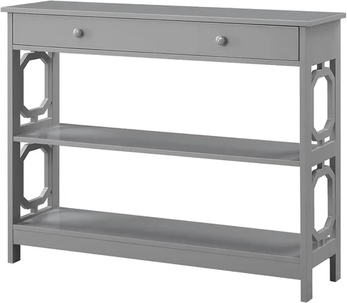Vista 6 de Convenience Concepts Mesa consola Omega con 1 cajón, parte superior de madera flotante/marco blanco Tapa de madera flotante/marco blanco