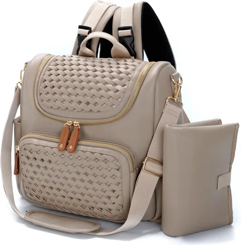 Vista 7 de Minsong Mochila para pañales, mochila pequeña para pañales para mamá con cambiador, elegantes bolsas de pañales de viaje de cuero vegano (negro)