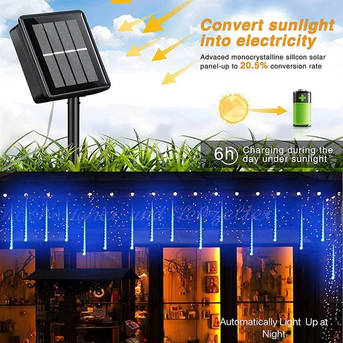Vista 7 de YEGUO Paquete de 2 tiras de luces solares para exteriores, 16 tubos y 288 luces LED de meteoritos para fiestas, árboles, vacaciones, techo, boda
