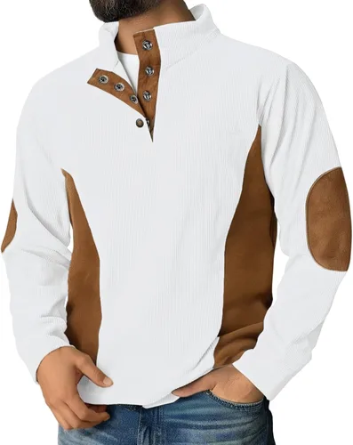 Vista 6 de Camisas de pana para hombre, con un cuarto de botón, estilo vintage, casual, a la moda, con parche en el codo