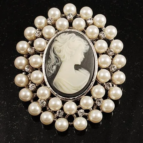 Vista 6 de Broche de camafeo de cristal de perlas simuladas (tono plateado), Perla de imitación Cristal Cameo Perla sintética Cristal, Sin gemas.